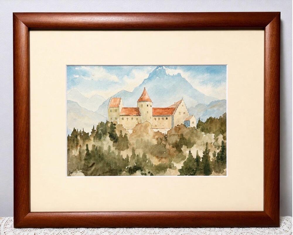 Original Watercolor Landscape Painting | European Castle Mountain Scene, Art